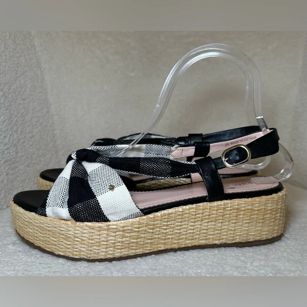 Kate Spade Betsy platform flat sandal black white gingham preppy espadrille cute